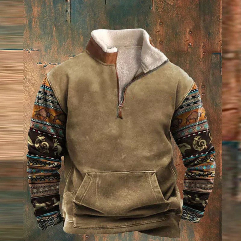 Men's Vintage Graphic Patchwork Sweater - Long Sleeve Zip