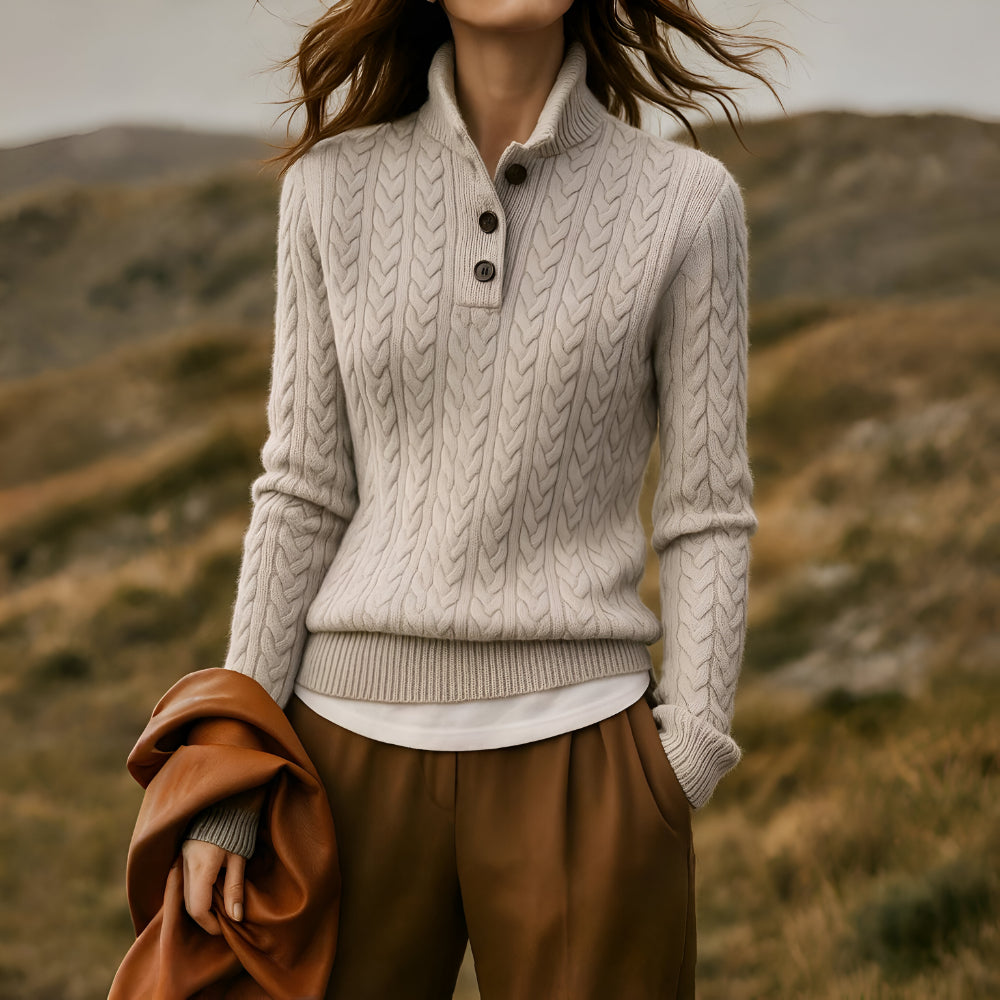 Women's Cable Knit Cashmere Sweater – Long Sleeve Button Neck