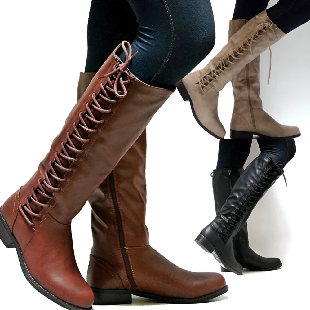 Women's Comfortable Knee High Boots – Lace-Up Zipper Detail