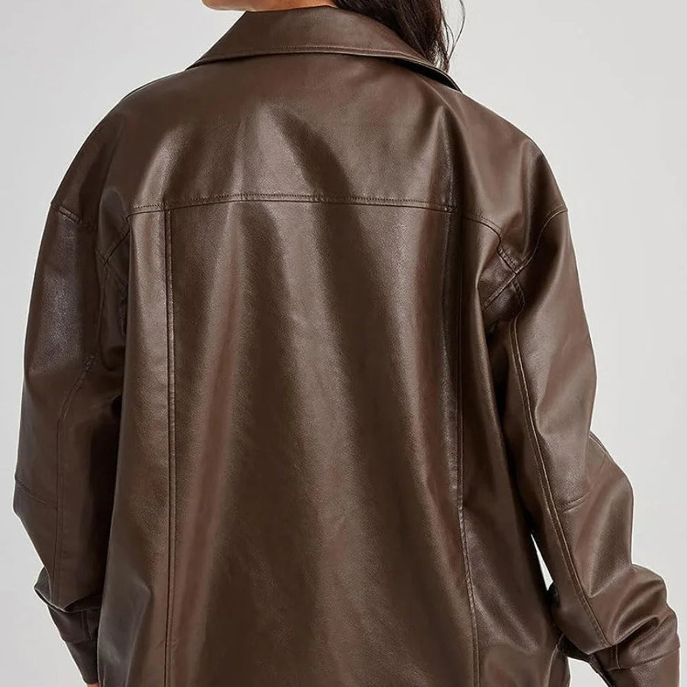 Women's Coats Oversized Leather Bomber Jacket Zipper 8