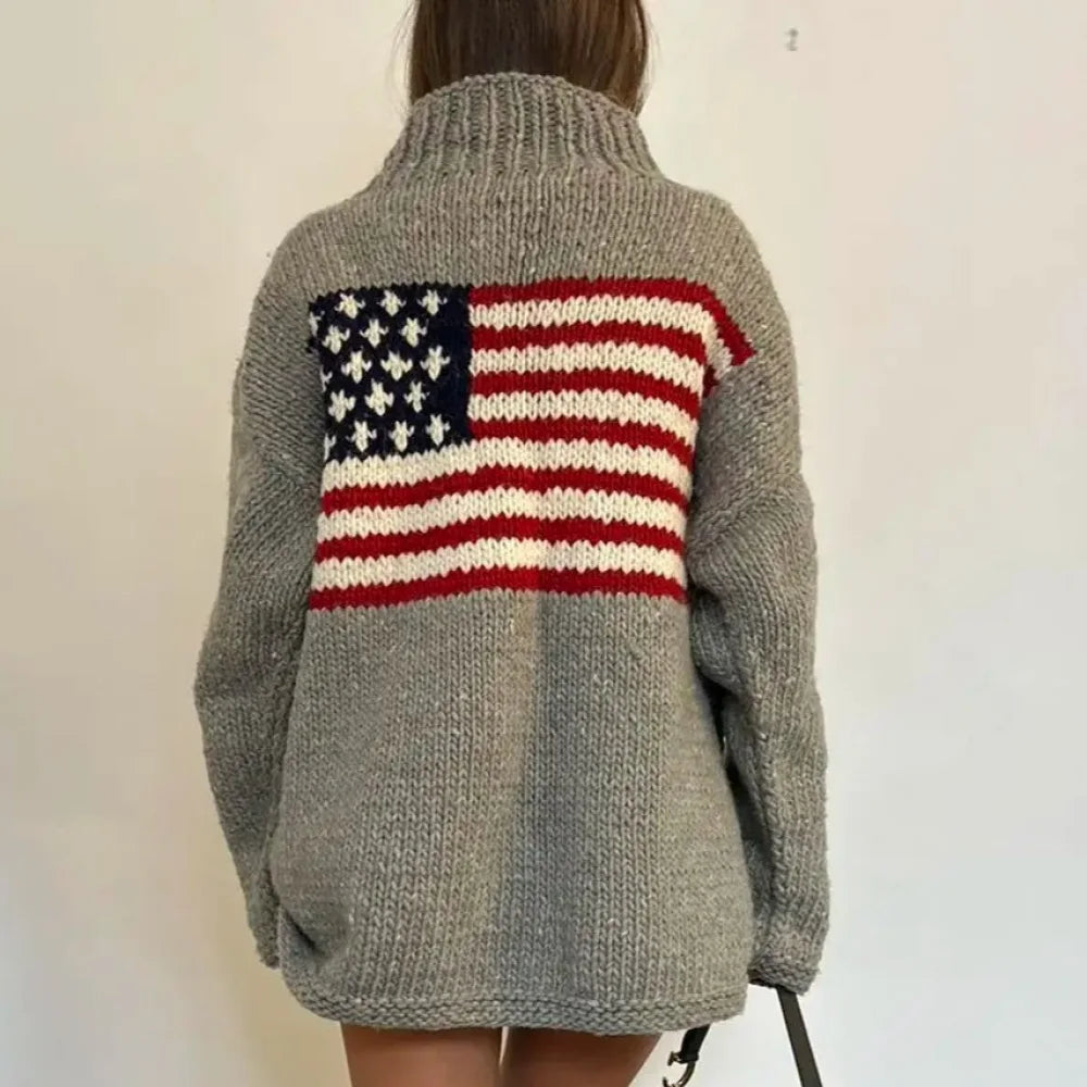 Women's High Neck US Flag Sweater Retro Style Turtleneck 3