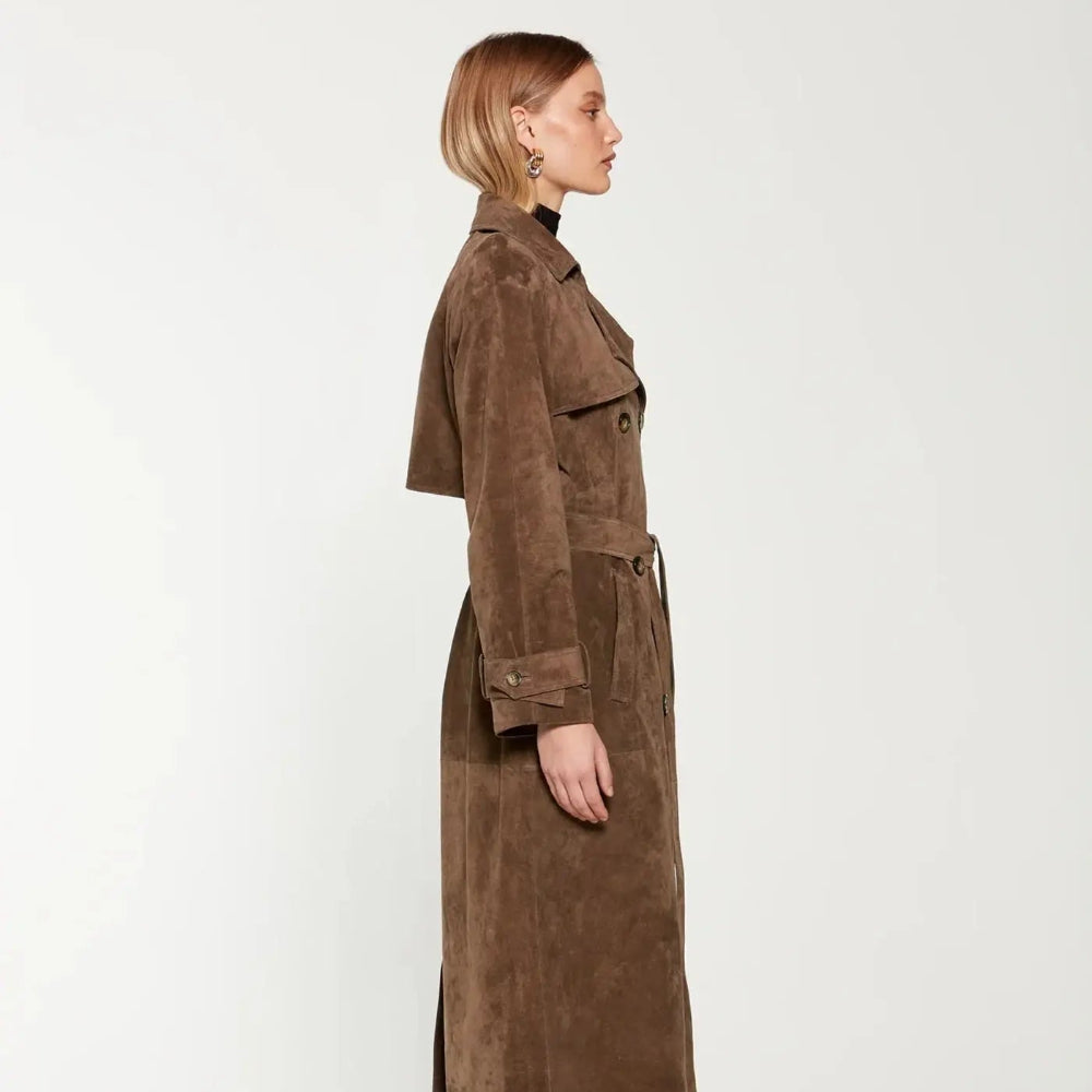 Women's Suede Trench Coat Elegant Classic Outerwear 9