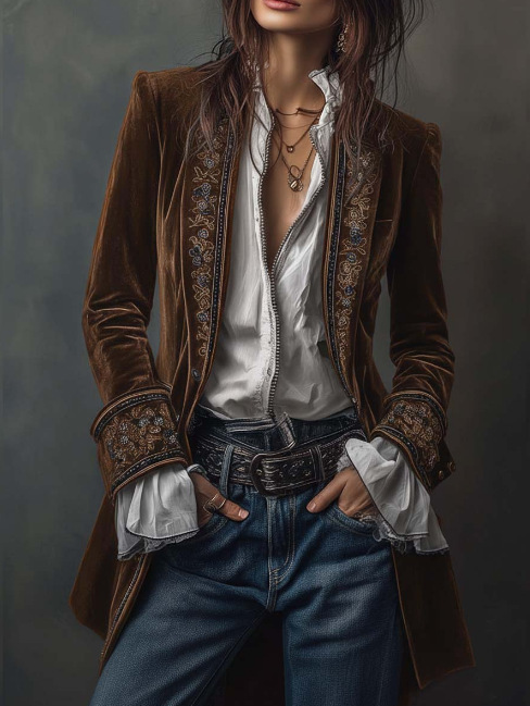 Women's Velvet Long Jacket Floral Embroidery Elegant Outerwear