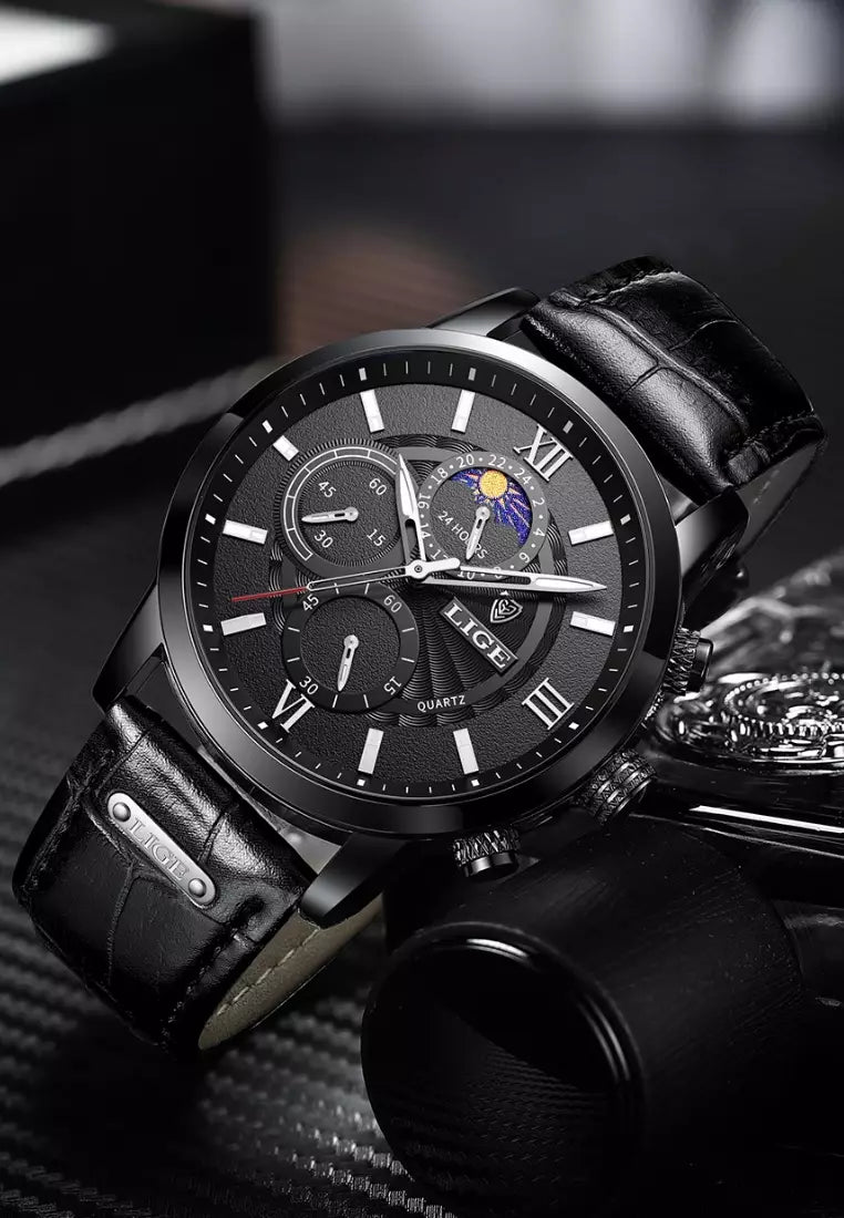 Men’s Elegant Leather Chronograph Watch | Quartz Moonphase