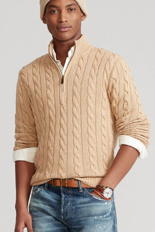 Men’s Cable Knit Polo Zip Sweater | Long Sleeve Smart Casual Jumper