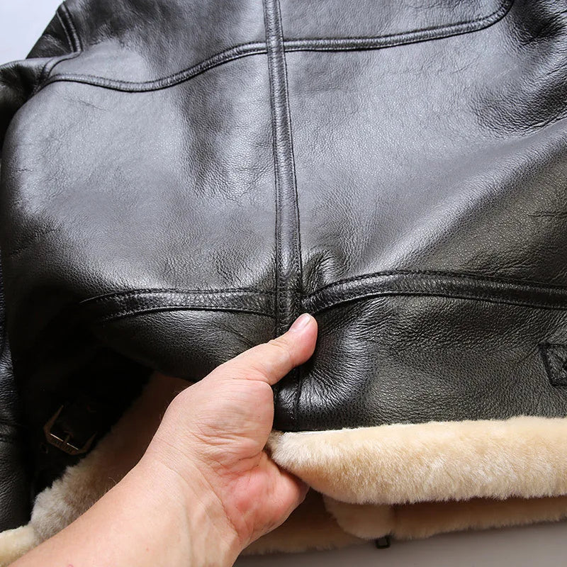 Men’s Shearling Leather Jacket | Warm Aviator Bomber Fur Lining