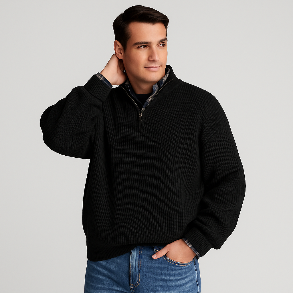 Men's Ribbed Knit Half Zip Jumper | Warm Long Sleeve Pullover