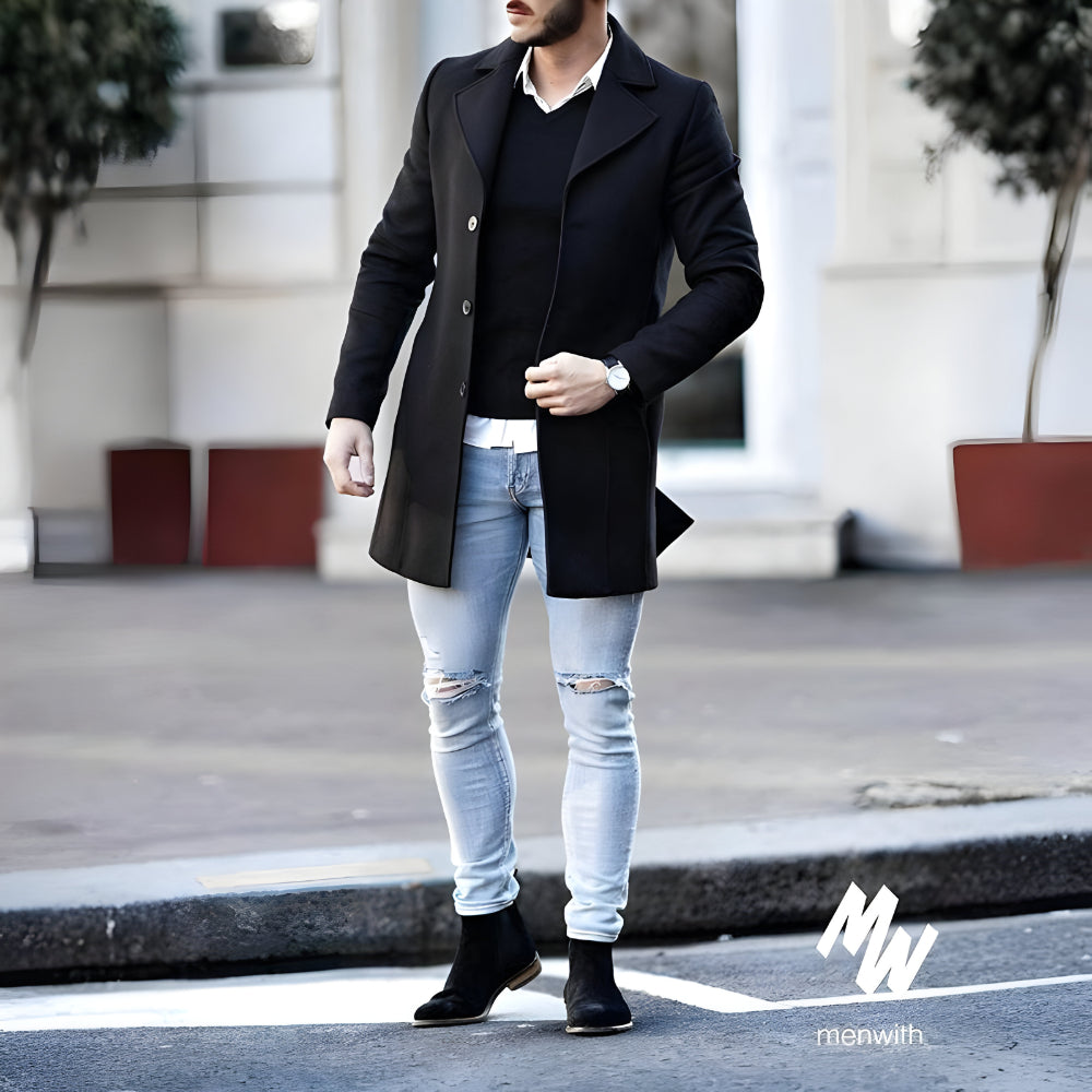 Men's Long Trench Overcoat - Slim Lightweight Jacket
