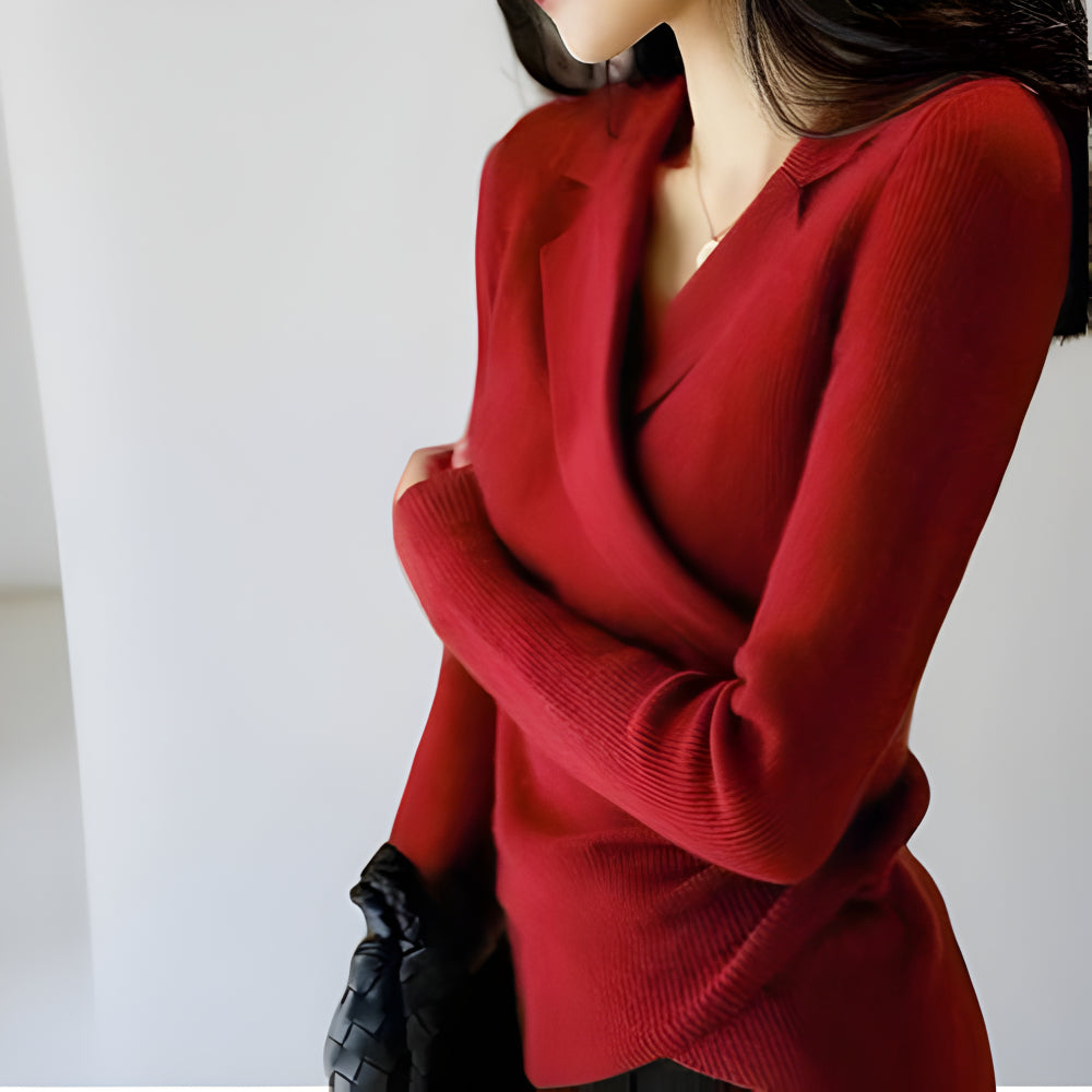 Women Slim Fit Knit Sweater – Long Sleeve V Neck