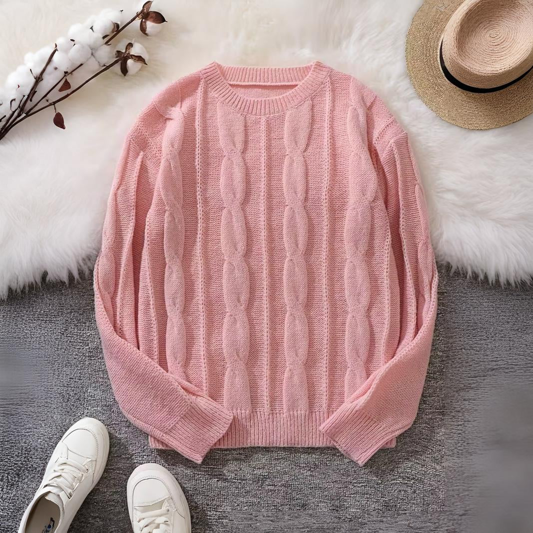 Women Oversized Cable Knit Jumper | Chunky Crew Neck Long Sleeve