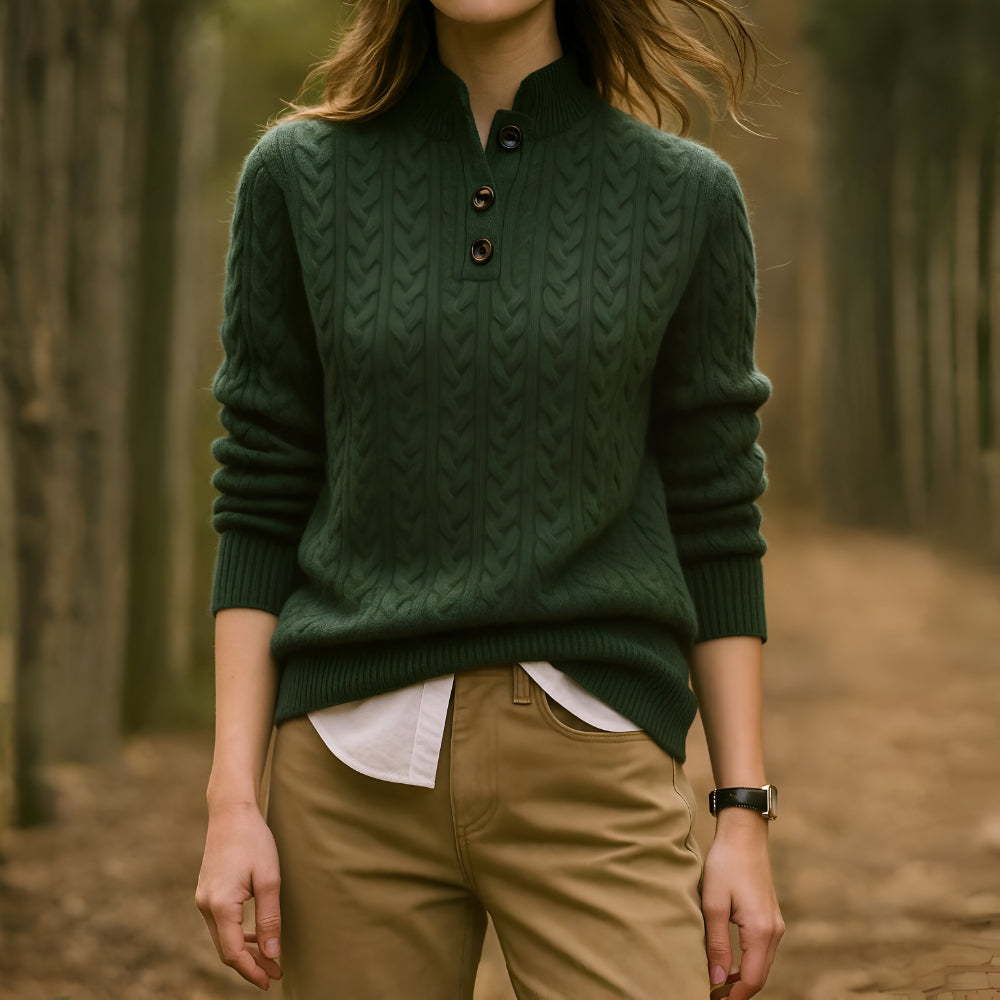Women's Cable Knit Cashmere Sweater – Long Sleeve Button Neck