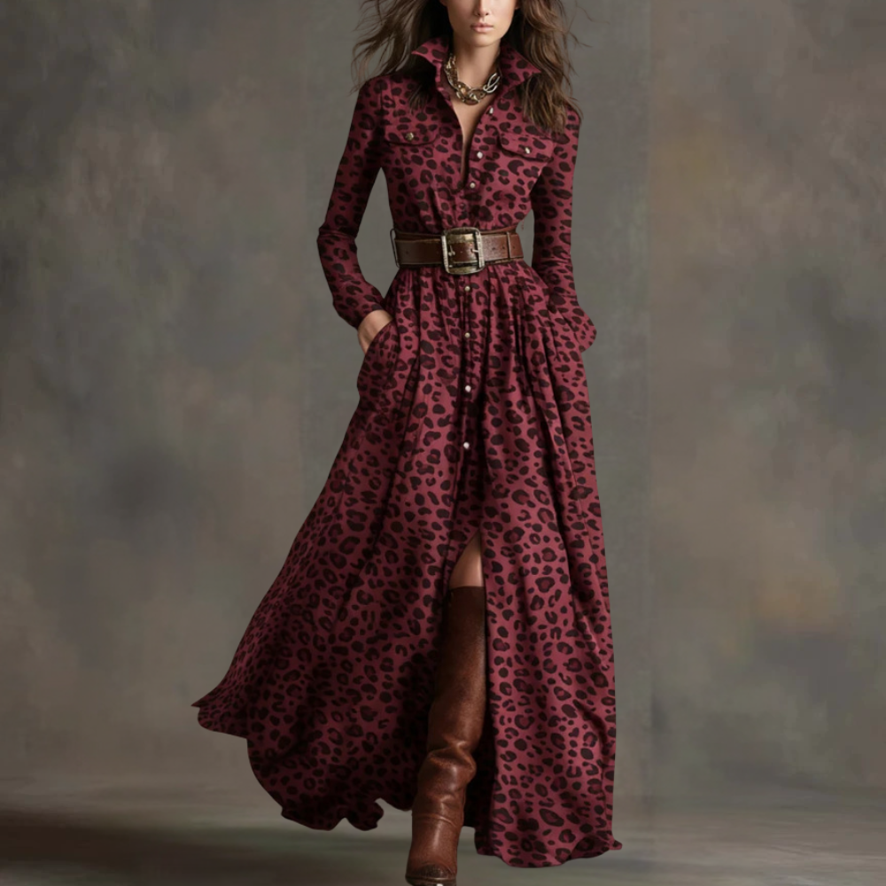 Women's Leopard Print Velvet Colorblock Lapel Long Overcoat