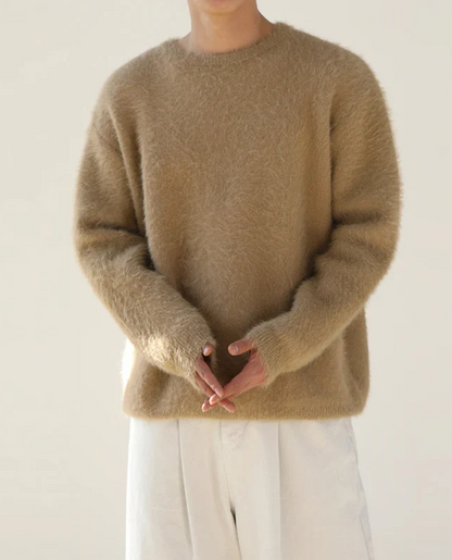 Men's Fuzzy Knit Crew Neck Jumper | Soft Warm Oversized Fit