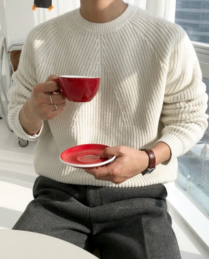 Men's Ribbed Knit Crew Neck Jumper | Warm Oversized Pullover