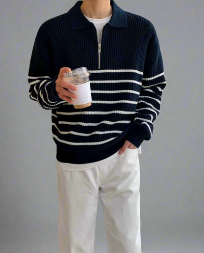 Men's Ribbed Knit Half Zip Jumper | Striped Long Sleeve