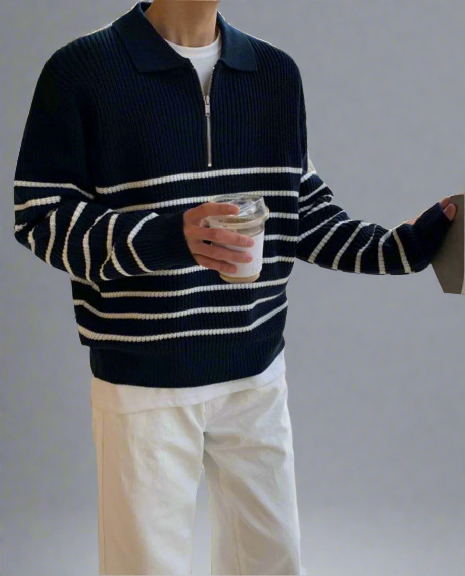 Men's Ribbed Knit Half Zip Jumper | Striped Long Sleeve