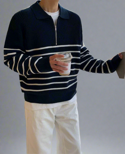 Men's Ribbed Knit Half Zip Jumper | Striped Long Sleeve