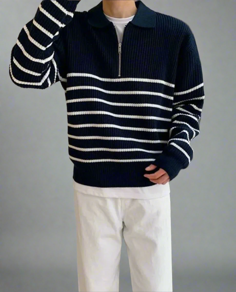 Men's Ribbed Knit Half Zip Jumper | Striped Long Sleeve