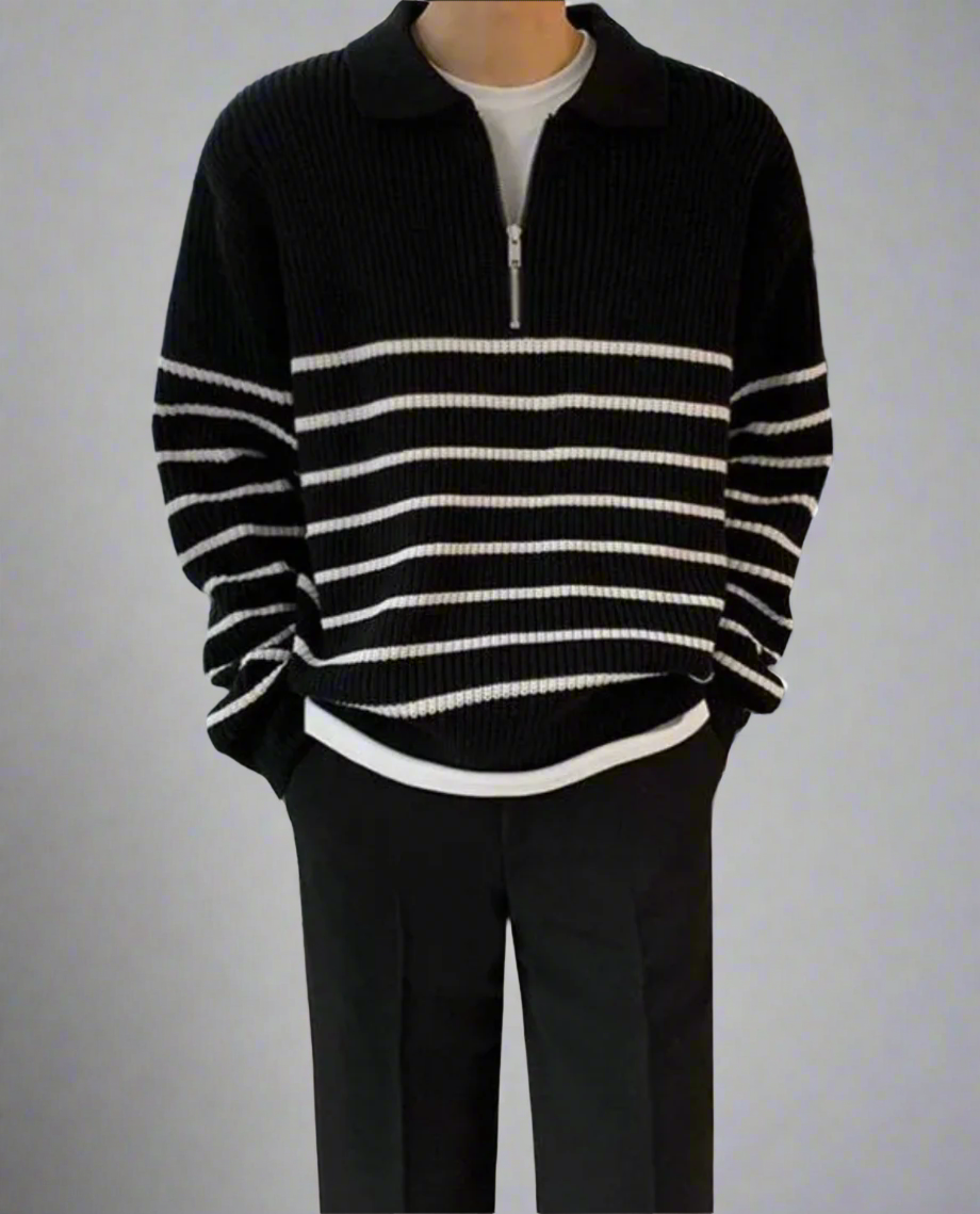 Men's Ribbed Knit Half Zip Jumper | Striped Long Sleeve