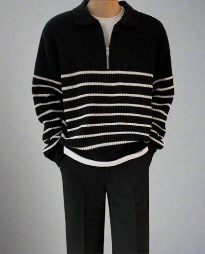 Men's Ribbed Knit Half Zip Jumper | Striped Long Sleeve