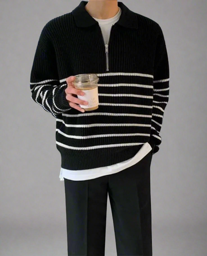 Men's Ribbed Knit Half Zip Jumper | Striped Long Sleeve