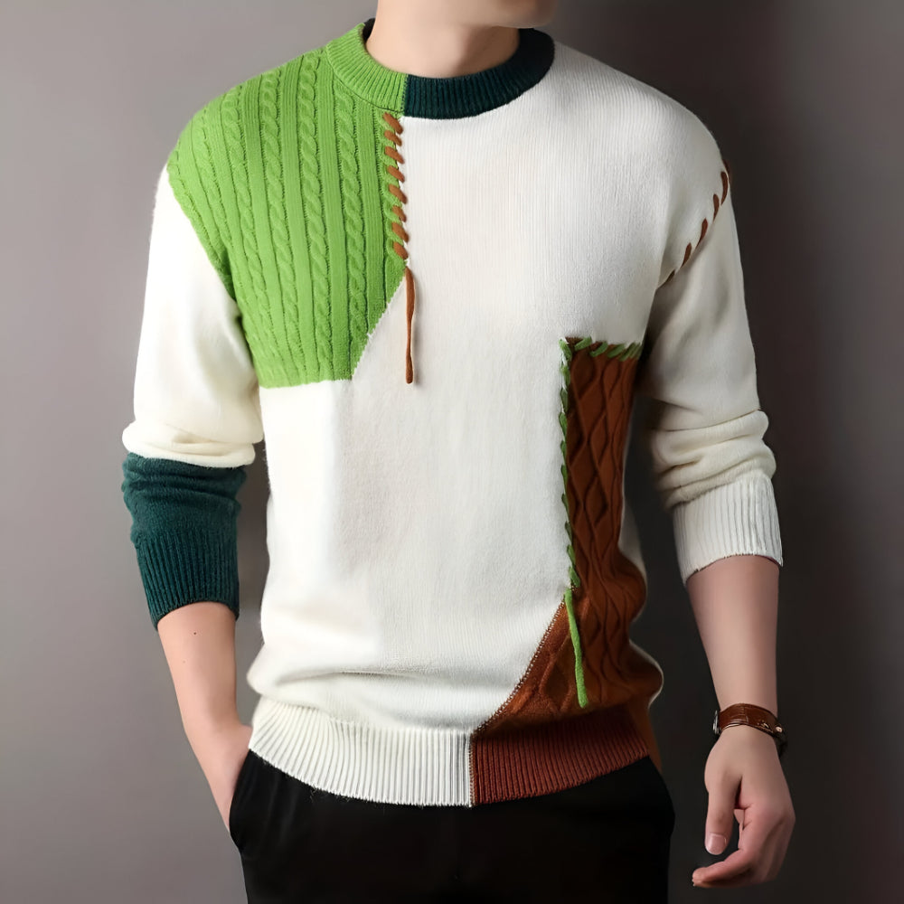 Men's Patchwork Knit Sweater – Long Sleeve Crew Neck