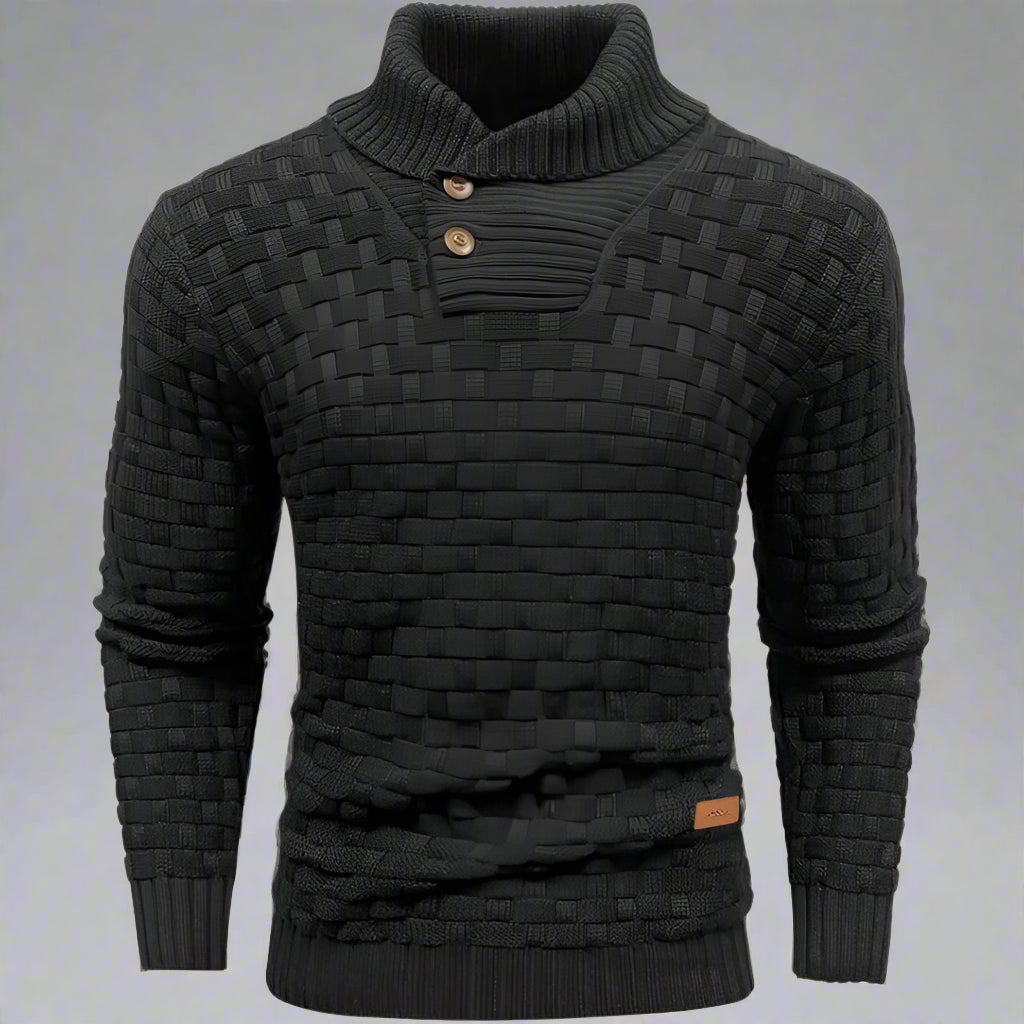 Men's Textured Knit Shawl Collar Jumper | Warm Button Neck Fit