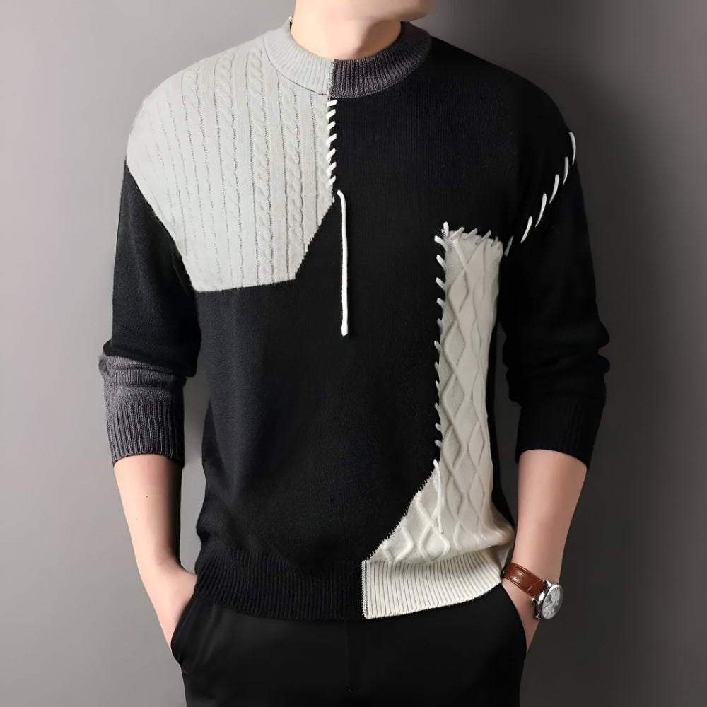 Men's Patchwork Knit Sweater – Long Sleeve Crew Neck