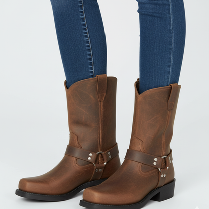 Women's Leather Harness Ankle Boots - Biker Heels Studded