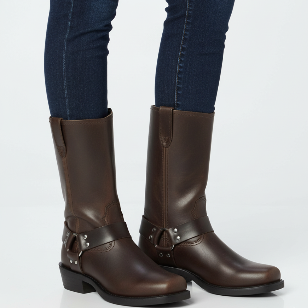 Women's Leather Harness Ankle Boots - Biker Heels Studded