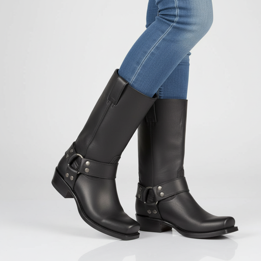 Women's Leather Harness Ankle Boots - Biker Heels Studded