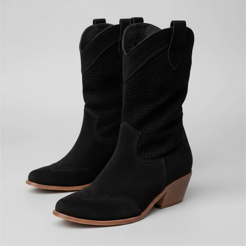 Women's Cowgirl Perforated Ankle Boots - Western Heels Suede