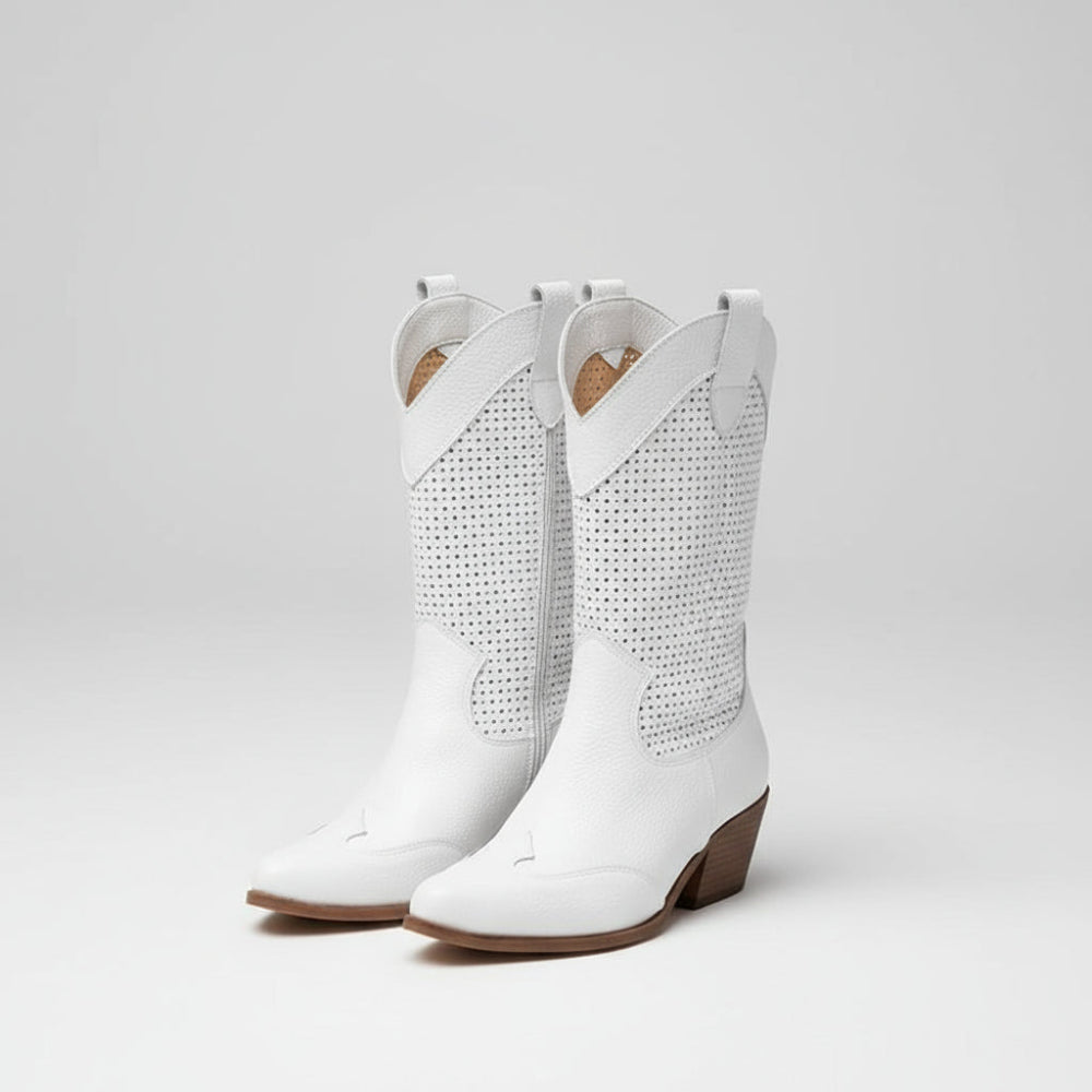 Women's Cowgirl Perforated Ankle Boots - Western Heels Suede