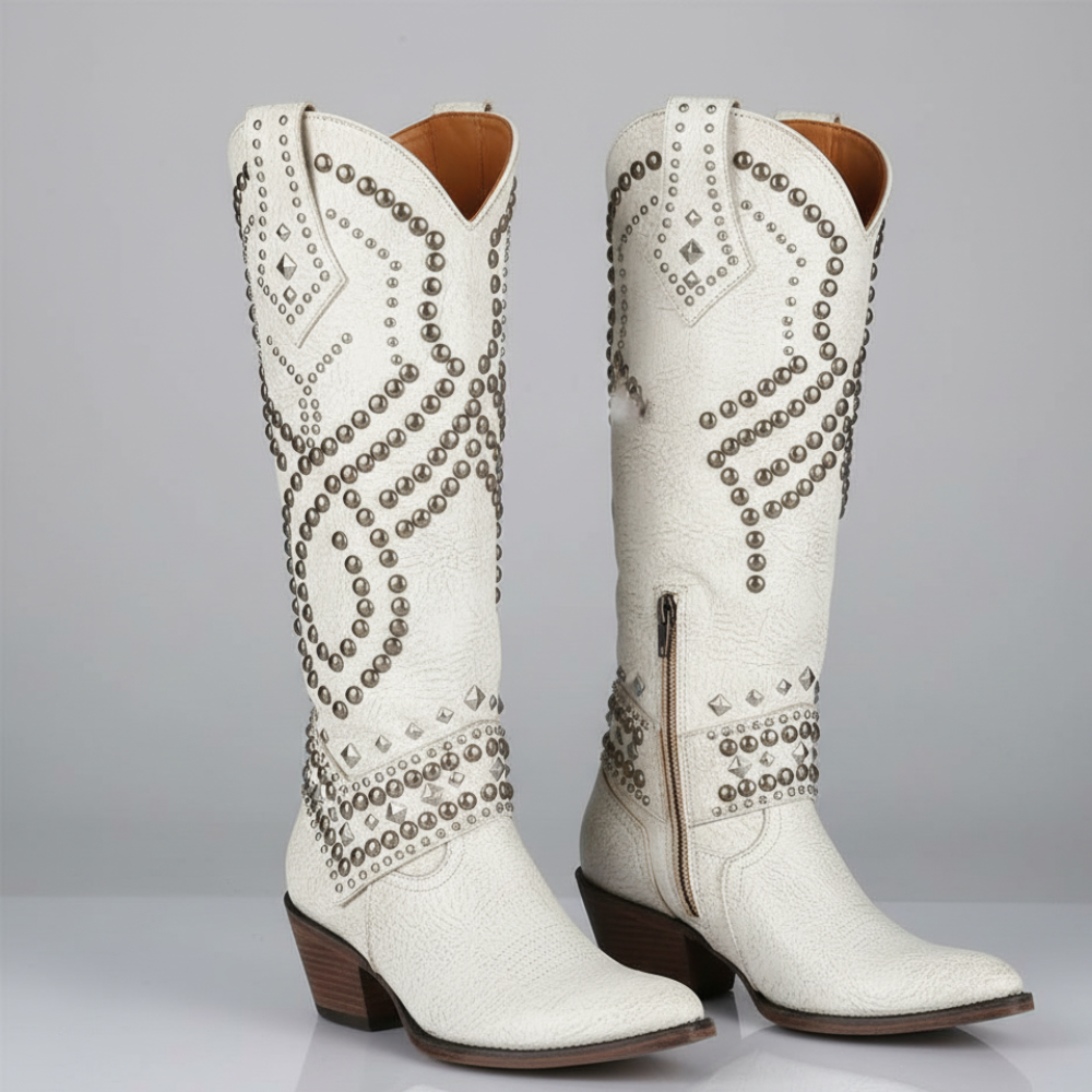 Women's Cowgirl Knee High Boots - Western Studded Heels Shoes