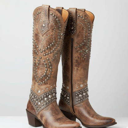 Women's Cowgirl Knee High Boots - Western Studded Heels Shoes