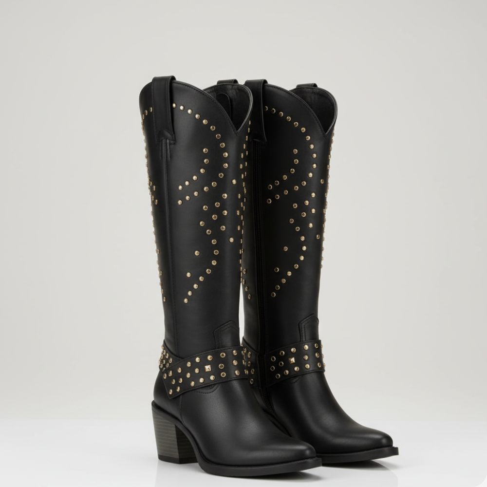 Women's Cowgirl Knee High Boots - Western Studded Heels Shoes
