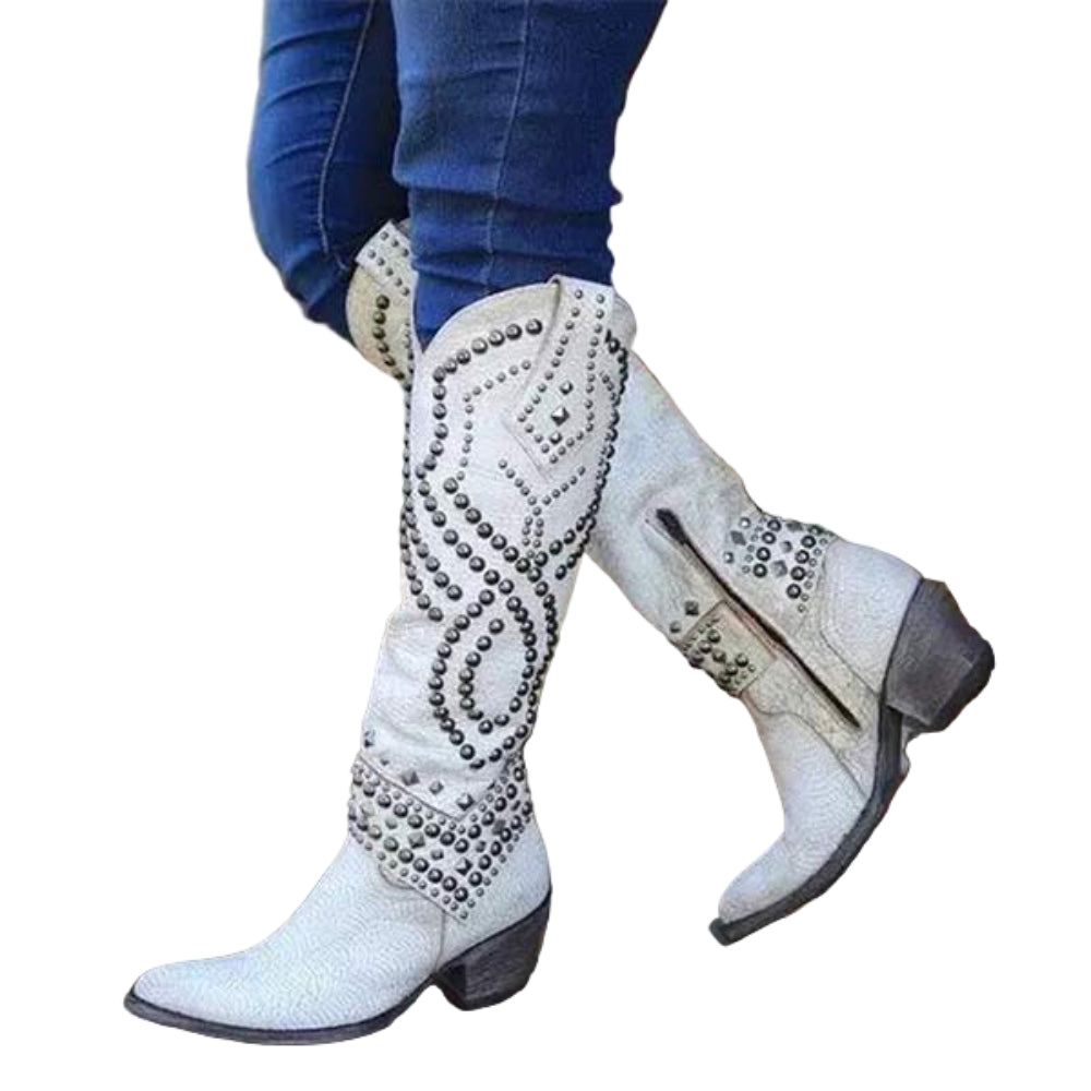Women's Cowgirl Knee High Boots - Western Studded Heels Shoes