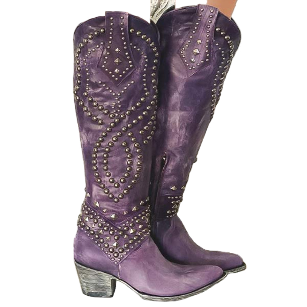 Women's Cowgirl Knee High Boots - Western Studded Heels Shoes