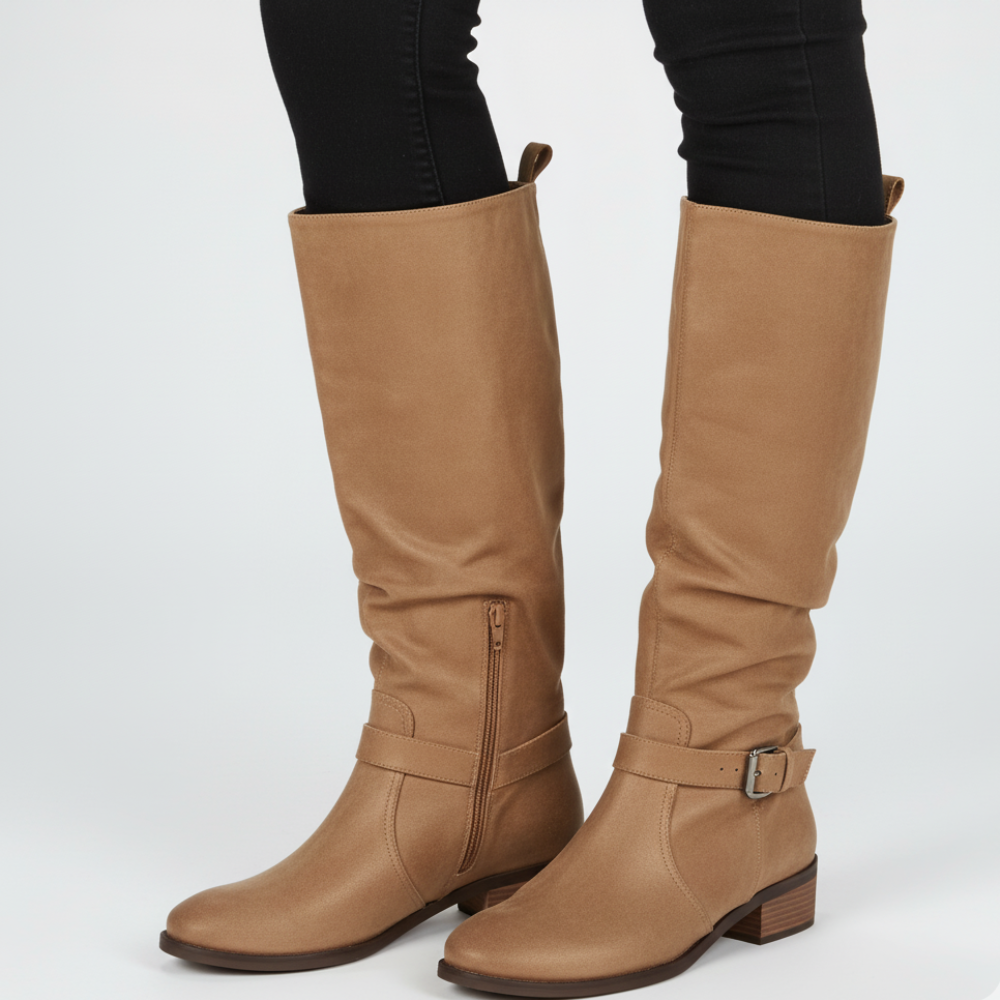 Women's Knee High Boots - Slouchy Low Heel Zipper Shoes