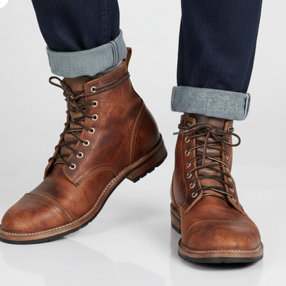 Men's Work Leather Ankle Boots - Lace Up Cap Toe