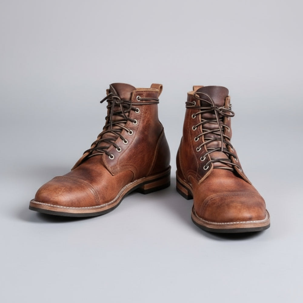 Men's Work Leather Ankle Boots - Lace Up Cap Toe