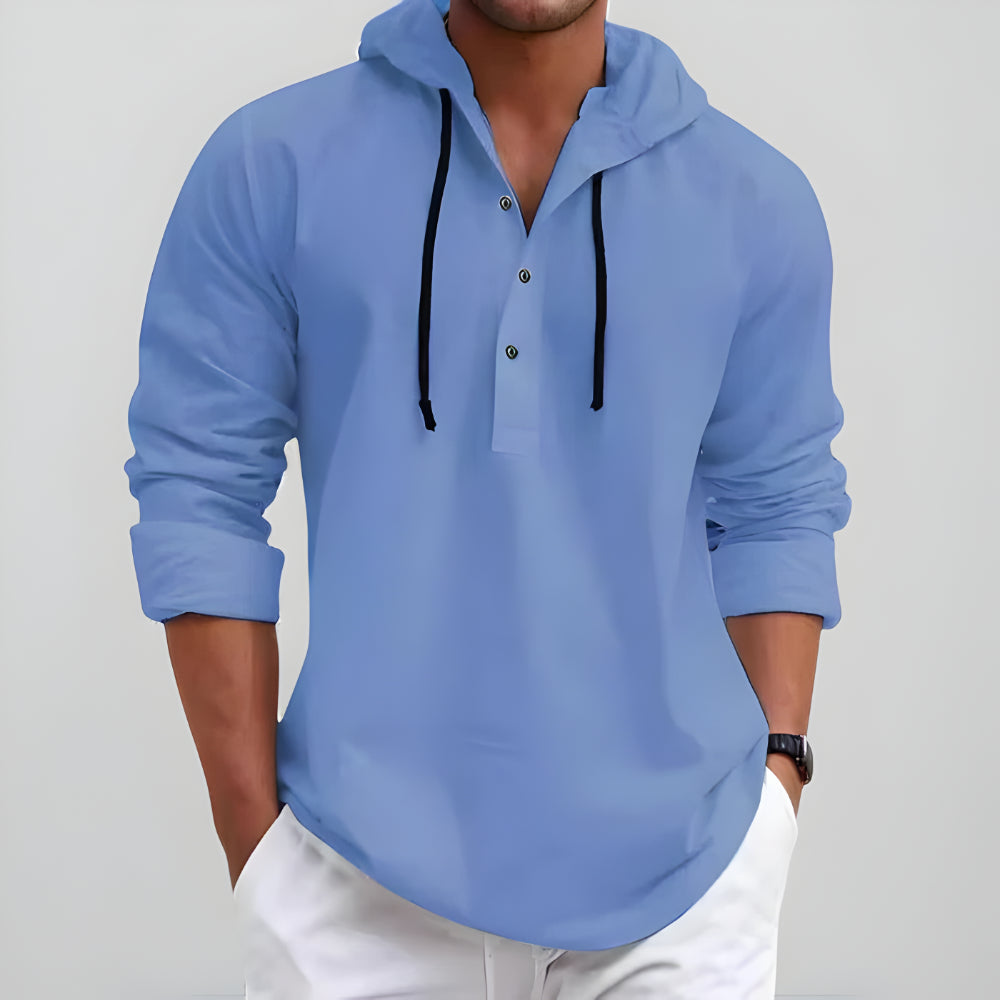 Men's Casual Long Sleeve Hoodie Shirt – Lightweight Drawstring