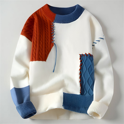 Men's Patchwork Knit Sweater – Long Sleeve Crew Neck