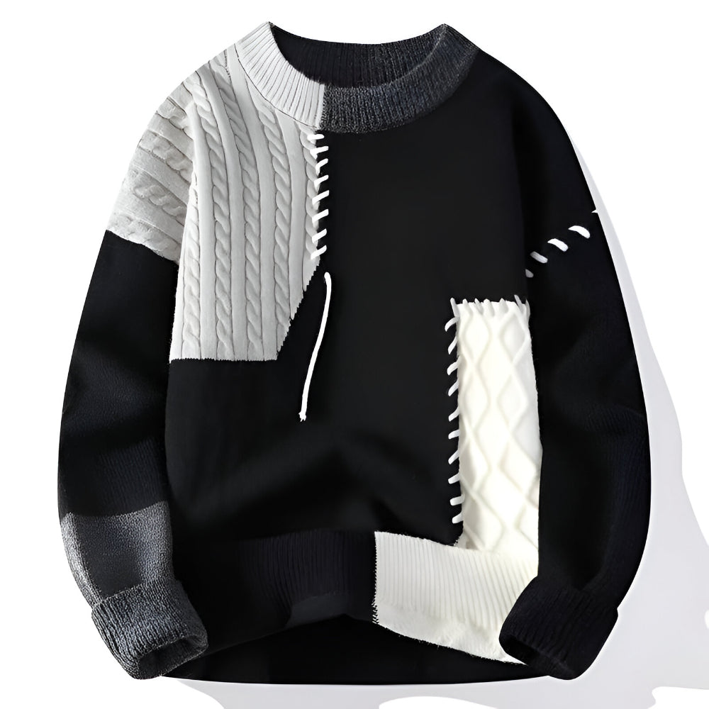 Men's Patchwork Knit Sweater – Long Sleeve Crew Neck