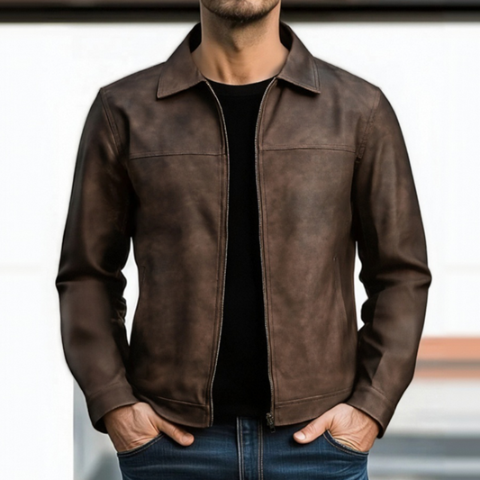 Men's Classic Casual Leather Jacket - Zip Front Design