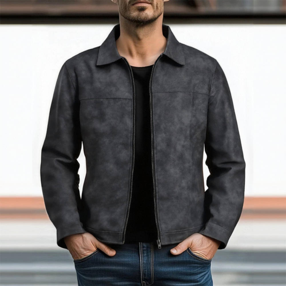 Men's Classic Casual Leather Jacket - Zip Front Design