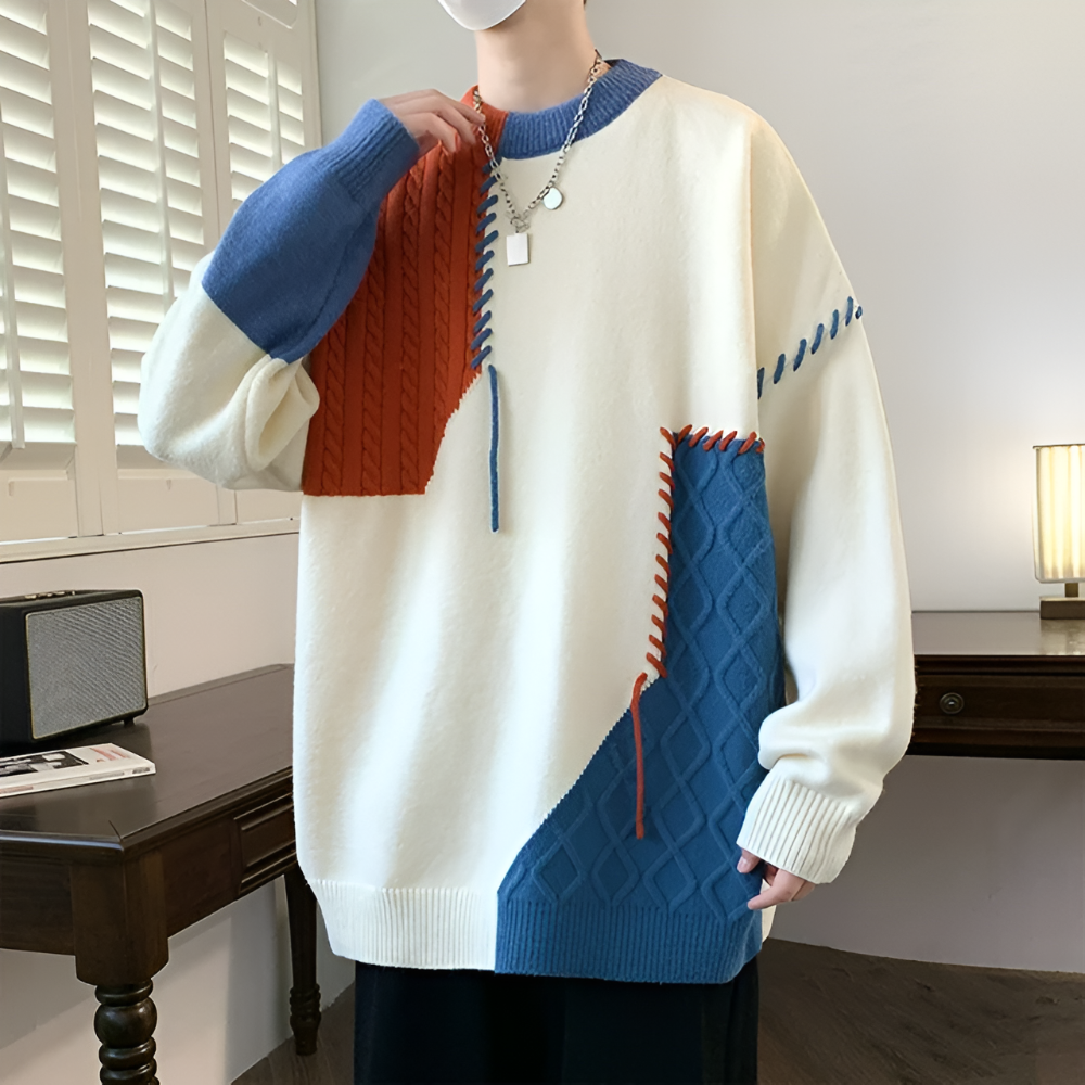 Men's Funky Patchwork Winter Sweater Unique Style Warmth 1