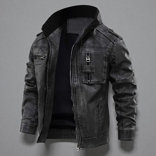 Men's Military Hooded Leather Bomber Jacket - Tactical