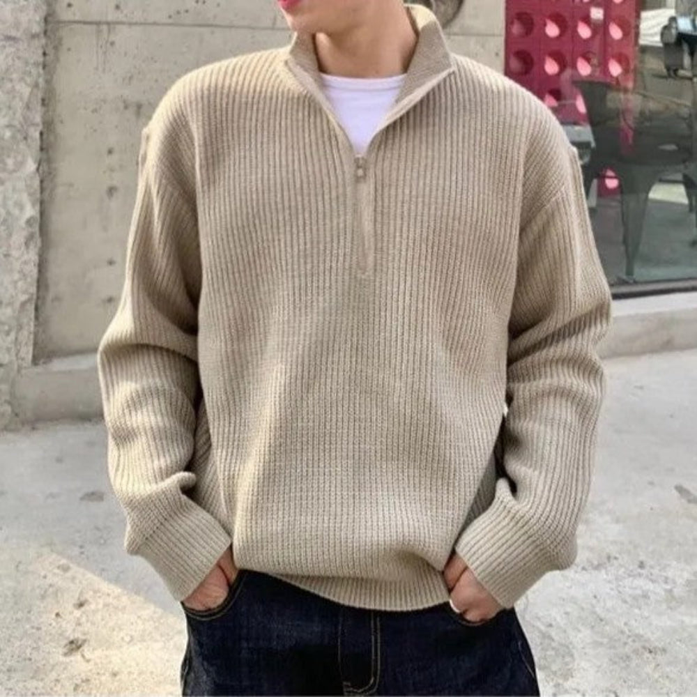 Men's Ribbed Half Zip Sweater - Long Sleeve Pullover