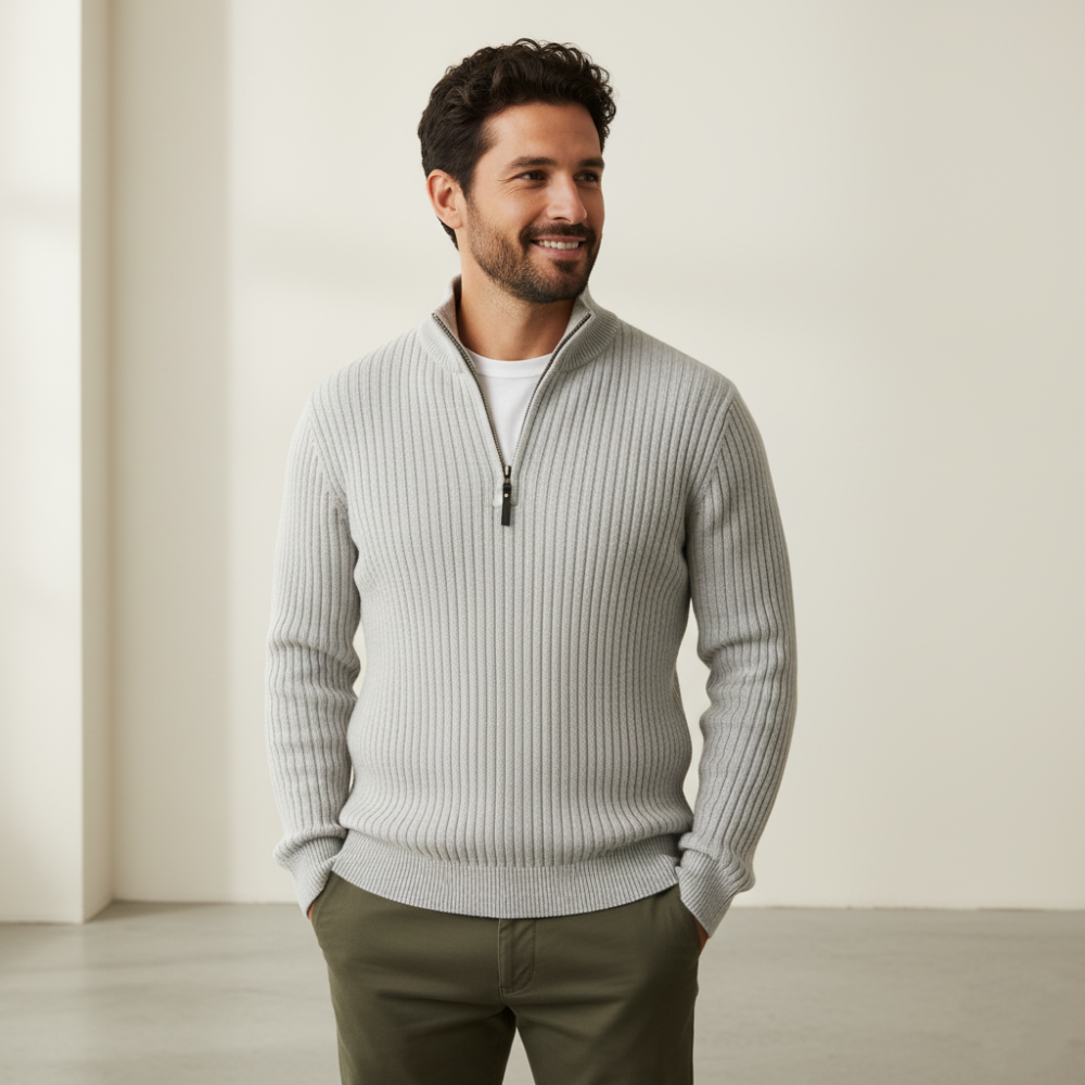 Men's Ribbed Knit Quarter Zip Sweater - Classic Long Sleeve